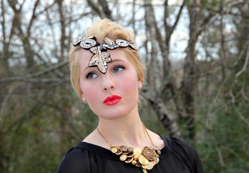 Necklace: handmade by BluKat Design (Heather O'Cain) from my grandmother's buttons.  Headpiece: Necklace from Avon