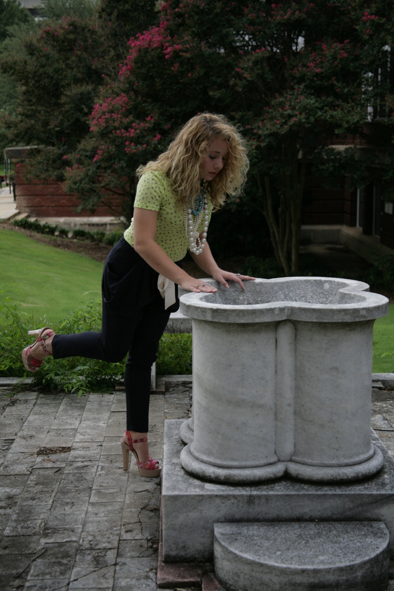 Harem pants, floral pumps, lime green floral tee, and chunky accessories. This outfit is from 2012 and was taken on the Mississippi State University campus in Starkville, Mississippi. 